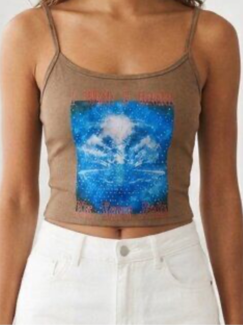 Boys Lie Ribbed Jewel Graphic Crop Cami Tank Top in Taupe - extra small
